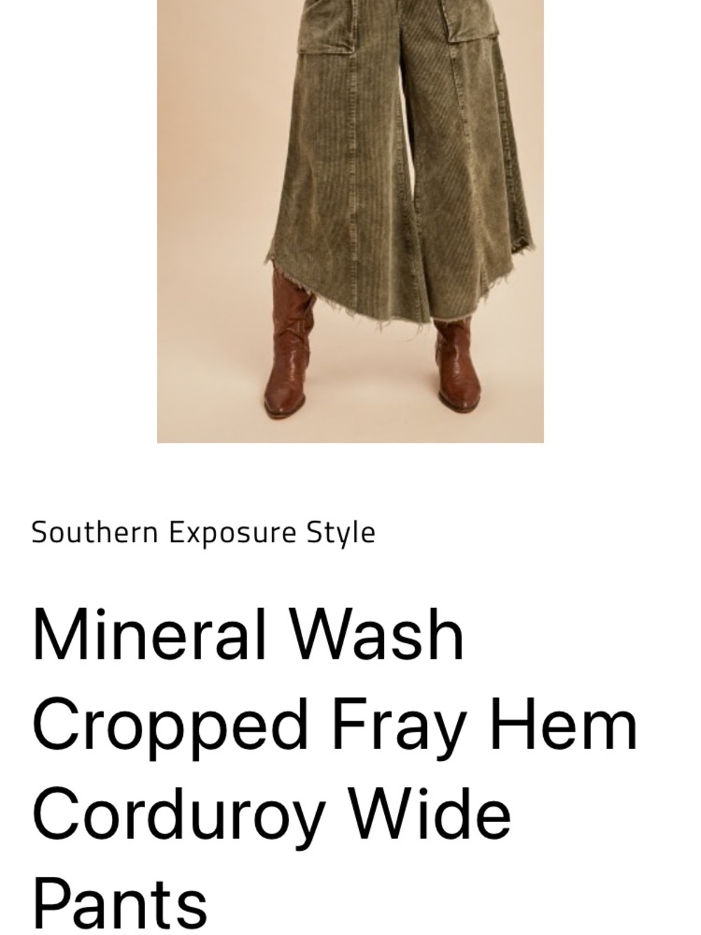 NWT Anniewear Mineral Wash Cropped Fray Hem Corduroy Wide Pants - Olive